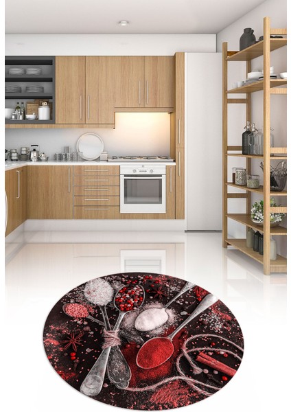 3D Dijital Baskılı Kaymaz Yıkanabilir Renkli Modern Yuvarlak Mutfak Halısı, N-Y-Mutfak-19-Kırmızı,