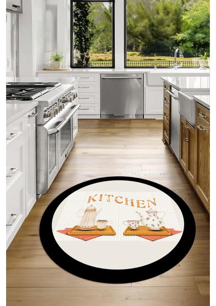 Dijital Baskılı Kaymaz Yıkanabilir Kitchen Yazılı Yuvarlak Mutfak Halısı, N-Y-Mutfak-18-Krem,