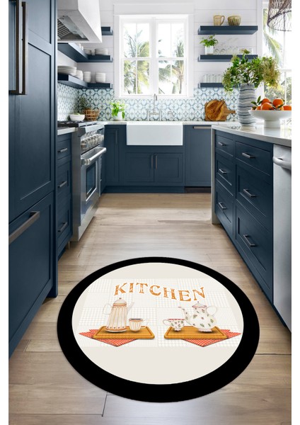 Dijital Baskılı Kaymaz Yıkanabilir Kitchen Yazılı Yuvarlak Mutfak Halısı, N-Y-Mutfak-18-Krem, fiyatları