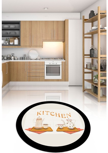 Dijital Baskılı Kaymaz Yıkanabilir Kitchen Yazılı Yuvarlak Mutfak Halısı, N-Y-Mutfak-18-Krem, indirimleri