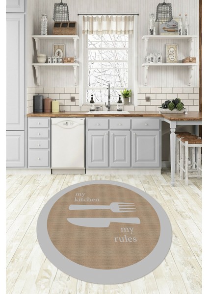 Dijital Baskılı Kaymaz Yıkanabilir Kitchen Yazılı Yuvarlak Mutfak Halısı, N-Y-Mutfak-09-Gri,