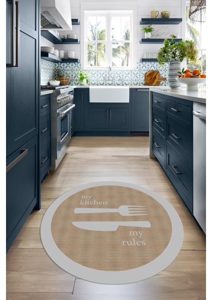 Dijital Baskılı Kaymaz Yıkanabilir Kitchen Yazılı Yuvarlak Mutfak Halısı, N-Y-Mutfak-09-Gri, modelleri