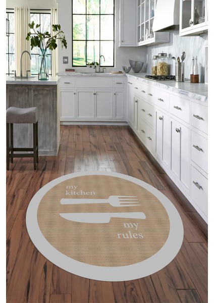 Dijital Baskılı Kaymaz Yıkanabilir Kitchen Yazılı Yuvarlak Mutfak Halısı, N-Y-Mutfak-09-Gri, fırsatları