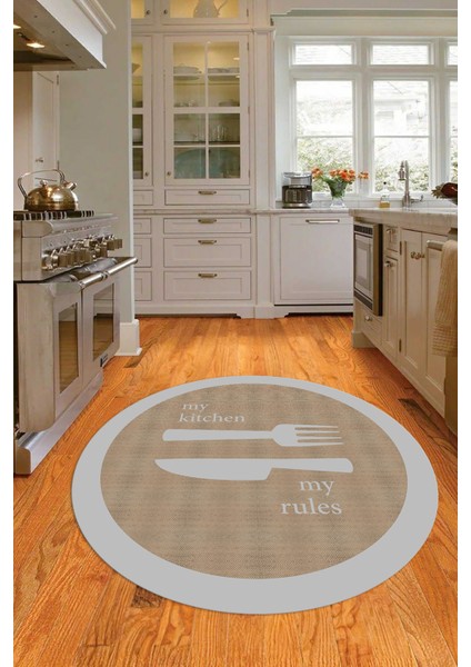 Dijital Baskılı Kaymaz Yıkanabilir Kitchen Yazılı Yuvarlak Mutfak Halısı, N-Y-Mutfak-09-Gri, indirimleri