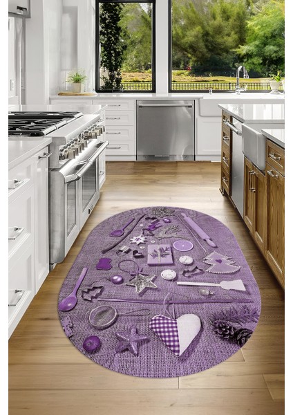 3D Dijital Baskılı Kaymaz Yıkanabilir Renkli Modern Oval Mutfak Halısı, N-O-Mutfak-16-Mor,