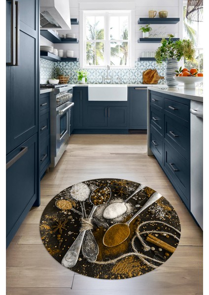 3D Dijital Baskılı Kaymaz Yıkanabilir Renkli Modern Yuvarlak Mutfak Halısı, N-Y-Mutfak-19-Kahve,