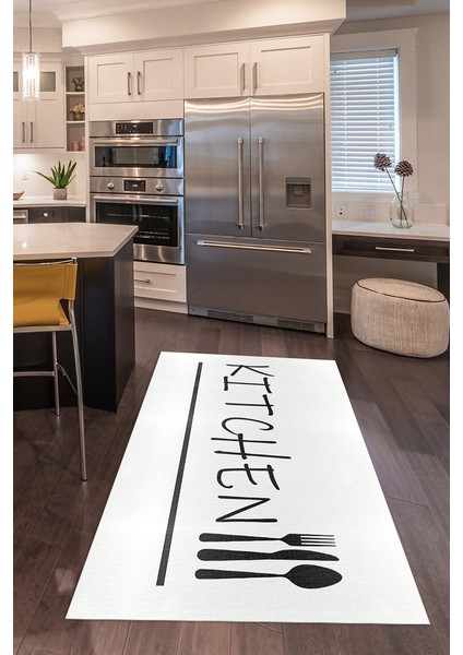 Dijital Baskılı Kaymaz Taban Yıkanabilir Kitchen Yazılı Mutfak Halısı, N-Mutfak-49-Beyaz,