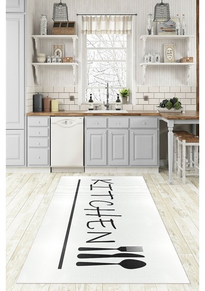 Dijital Baskılı Kaymaz Taban Yıkanabilir Kitchen Yazılı Mutfak Halısı, N-Mutfak-49-Beyaz, modelleri