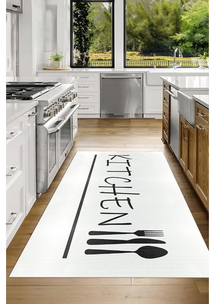 Dijital Baskılı Kaymaz Taban Yıkanabilir Kitchen Yazılı Mutfak Halısı, N-Mutfak-49-Beyaz, fırsatları