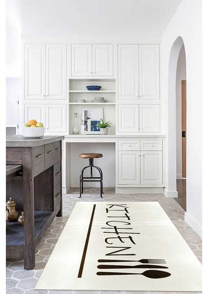 Dijital Baskılı Kaymaz Taban Yıkanabilir Kitchen Yazılı Mutfak Halısı, N-Mutfak-49-Krem, fiyatları