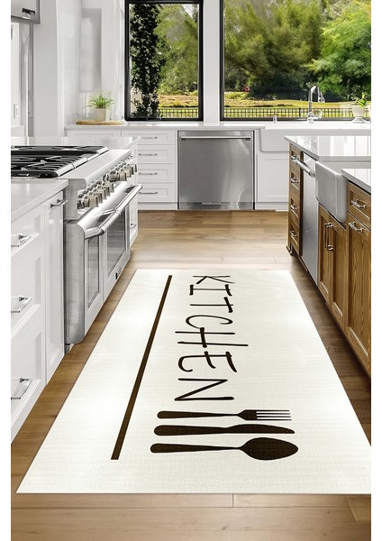 Dijital Baskılı Kaymaz Taban Yıkanabilir Kitchen Yazılı Mutfak Halısı, N-Mutfak-49-Krem, fırsatları