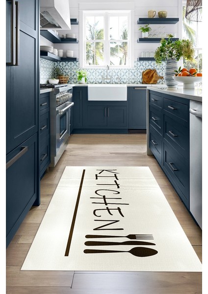 Dijital Baskılı Kaymaz Taban Yıkanabilir Kitchen Yazılı Mutfak Halısı, N-Mutfak-49-Krem, indirimleri