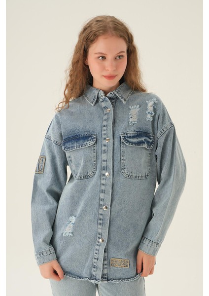 2175 Yırtık Detay Kot Gömlek Mavi