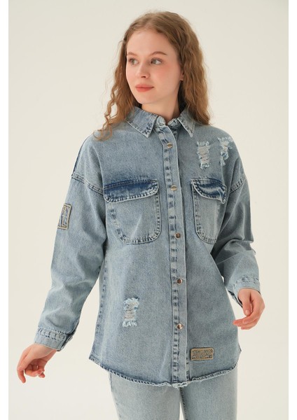 2175 Yırtık Detay Kot Gömlek Mavi fiyatları