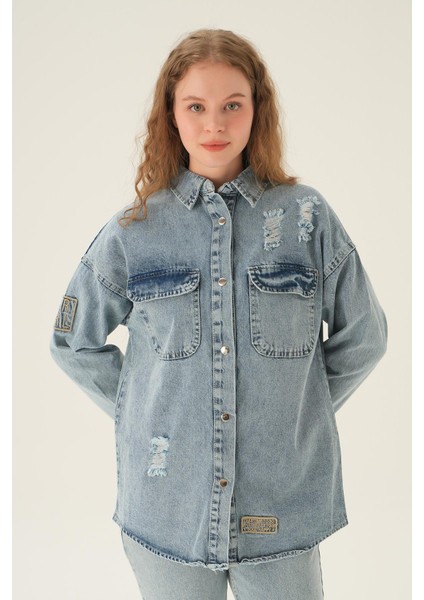2175 Yırtık Detay Kot Gömlek Mavi modelleri