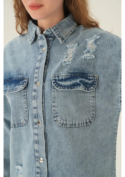 2175 Yırtık Detay Kot Gömlek Mavi indirimleri