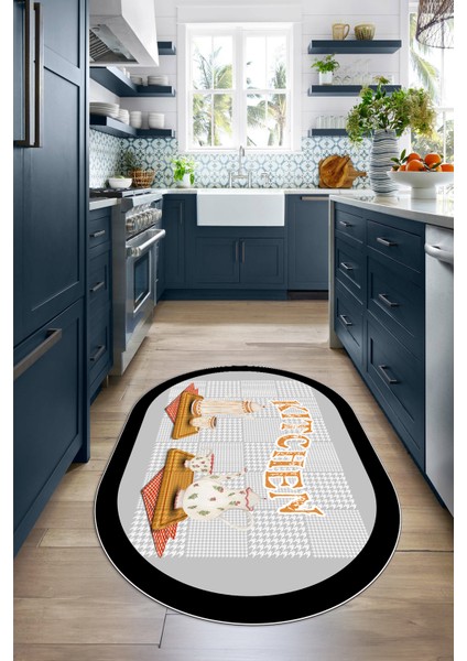 Dijital Baskılı Kaymaz Yıkanabilir Kitchen Yazılı Oval Mutfak Halısı, N-O-Mutfak-18-Gri,