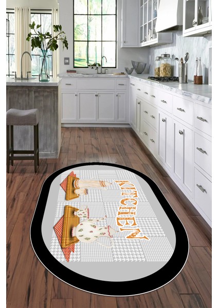 Dijital Baskılı Kaymaz Yıkanabilir Kitchen Yazılı Oval Mutfak Halısı, N-O-Mutfak-18-Gri,