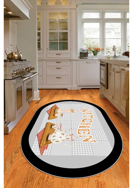 Dijital Baskılı Kaymaz Yıkanabilir Kitchen Yazılı Oval Mutfak Halısı, N-O-Mutfak-18-Gri,