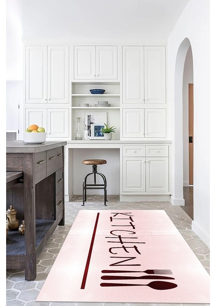 Dijital Baskılı Kaymaz Taban Yıkanabilir Kitchen Yazılı Mutfak Halısı, N-Mutfak-49-Pembe, fiyatları