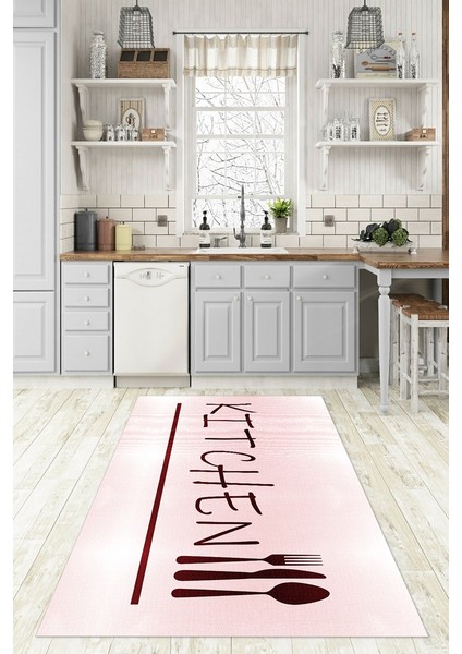 Dijital Baskılı Kaymaz Taban Yıkanabilir Kitchen Yazılı Mutfak Halısı, N-Mutfak-49-Pembe, modelleri