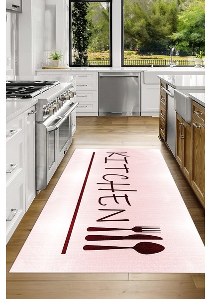 Dijital Baskılı Kaymaz Taban Yıkanabilir Kitchen Yazılı Mutfak Halısı, N-Mutfak-49-Pembe, fırsatları