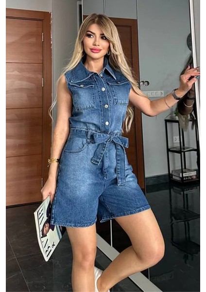 Kot Şortlu Tulum Kot Kuşaklı Denim Tulum Jean Tulum