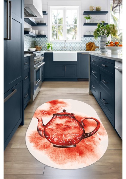 Dijital Baskılı Kaymaz Yıkanabilir Renkli Modern Oval Mutfak Halısı, N-O-Mutfak-23-Kırmızı,