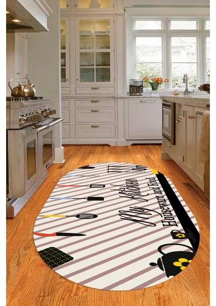 Dijital Baskılı Kaymaz Yıkanabilir Renkli Modern Oval Mutfak Halısı, N-O-Mutfak-32-Siyah,