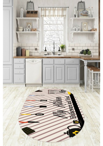 Dijital Baskılı Kaymaz Yıkanabilir Renkli Modern Oval Mutfak Halısı, N-O-Mutfak-32-Siyah, indirimleri
