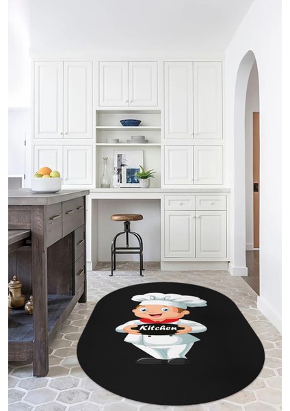 Dijital Baskılı Kaymaz Yıkanabilir Renkli Modern Oval Mutfak Halısı, N-O-Mutfak-05-Antrasit,