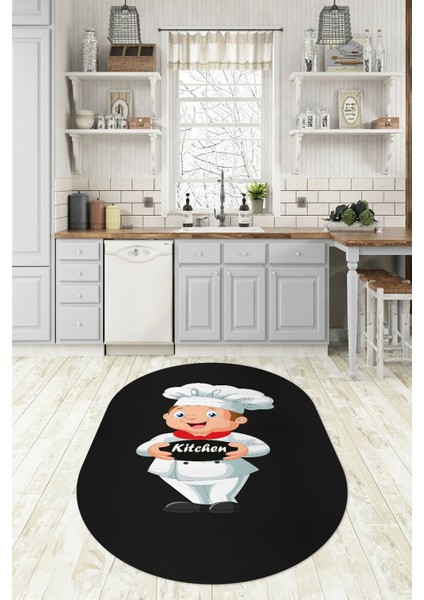 Dijital Baskılı Kaymaz Yıkanabilir Renkli Modern Oval Mutfak Halısı, N-O-Mutfak-05-Antrasit,