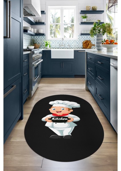 Dijital Baskılı Kaymaz Yıkanabilir Renkli Modern Oval Mutfak Halısı, N-O-Mutfak-05-Antrasit,
