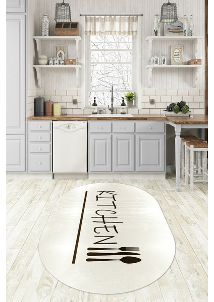Dijital Baskılı Kaymaz Yıkanabilir Kitchen Yazılı Oval Mutfak Halısı, N-O-Mutfak-49-Krem, modelleri