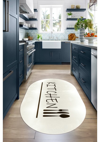 Dijital Baskılı Kaymaz Yıkanabilir Kitchen Yazılı Oval Mutfak Halısı, N-O-Mutfak-49-Krem, indirimleri