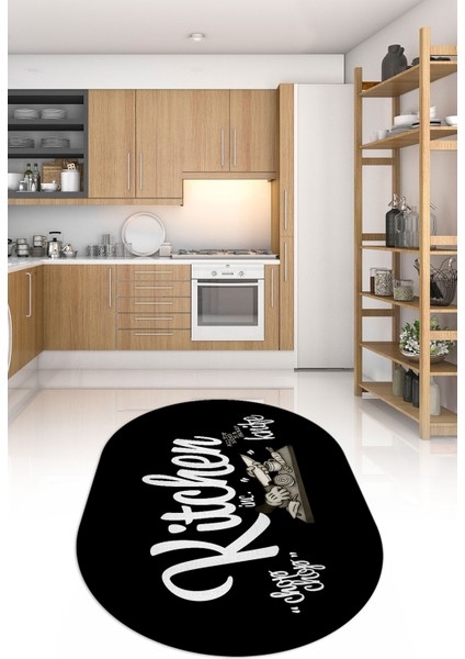 Dijital Baskılı Kaymaz Yıkanabilir Kitchen Yazılı Oval Mutfak Halısı, N-O-Mutfak-41-Siyah,