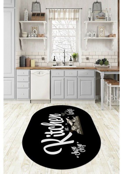 Dijital Baskılı Kaymaz Yıkanabilir Kitchen Yazılı Oval Mutfak Halısı, N-O-Mutfak-41-Siyah,