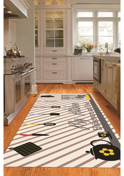 Dijital Baskılı Kaymaz Taban Yıkanabilir Renkli Modern Mutfak Halısı, N-Mutfak-32-Siyah,
