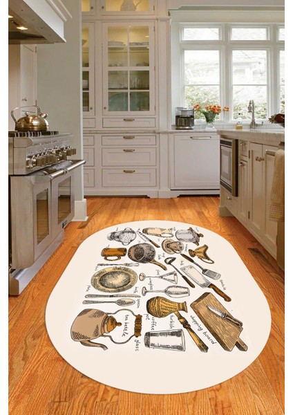 3D Dijital Baskılı Kaymaz Yıkanabilir Renkli Modern Oval Mutfak Halısı, N-O-Mutfak-35-Kahve,