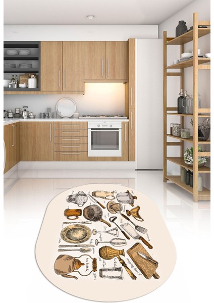 3D Dijital Baskılı Kaymaz Yıkanabilir Renkli Modern Oval Mutfak Halısı, N-O-Mutfak-35-Kahve, fiyatları