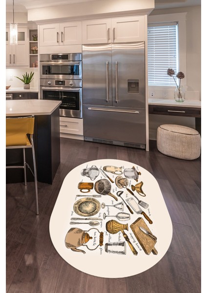 3D Dijital Baskılı Kaymaz Yıkanabilir Renkli Modern Oval Mutfak Halısı, N-O-Mutfak-35-Kahve, modelleri