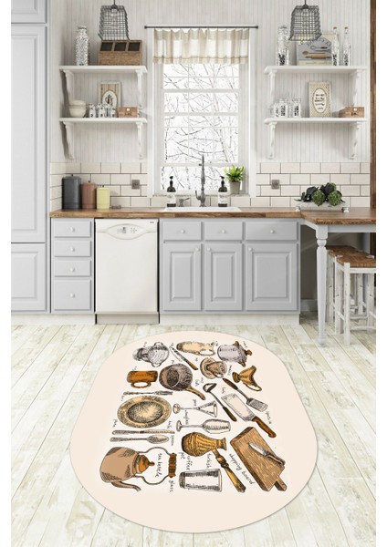 3D Dijital Baskılı Kaymaz Yıkanabilir Renkli Modern Oval Mutfak Halısı, N-O-Mutfak-35-Kahve, indirimleri