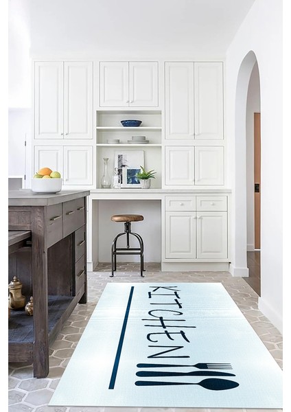 Dijital Baskılı Kaymaz Taban Yıkanabilir Kitchen Yazılı Mutfak Halısı, N-Mutfak-49-Mavi, fiyatları
