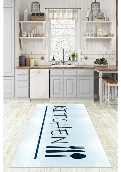 Dijital Baskılı Kaymaz Taban Yıkanabilir Kitchen Yazılı Mutfak Halısı, N-Mutfak-49-Mavi, modelleri