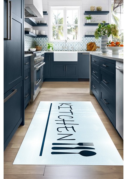 Dijital Baskılı Kaymaz Taban Yıkanabilir Kitchen Yazılı Mutfak Halısı, N-Mutfak-49-Mavi, indirimleri