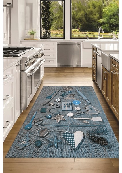 3D Dijital Baskılı Kaymaz Taban Yıkanabilir Renkli Modern Mutfak Halısı, N-Mutfak-16-Mavi,