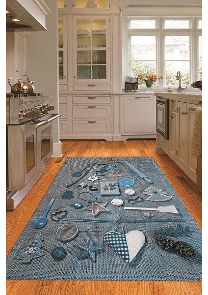 3D Dijital Baskılı Kaymaz Taban Yıkanabilir Renkli Modern Mutfak Halısı, N-Mutfak-16-Mavi, fırsatları
