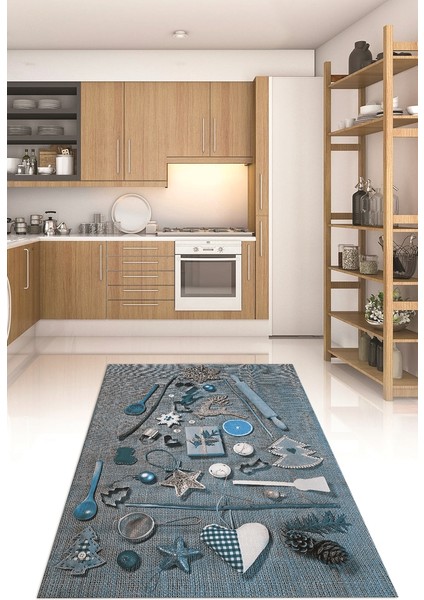 3D Dijital Baskılı Kaymaz Taban Yıkanabilir Renkli Modern Mutfak Halısı, N-Mutfak-16-Mavi, indirimleri
