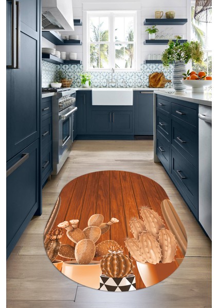Dijital Baskılı Kaymaz Yıkanabilir Renkli Modern Oval Mutfak Halısı, N-O-Mutfak-24-Kahve,