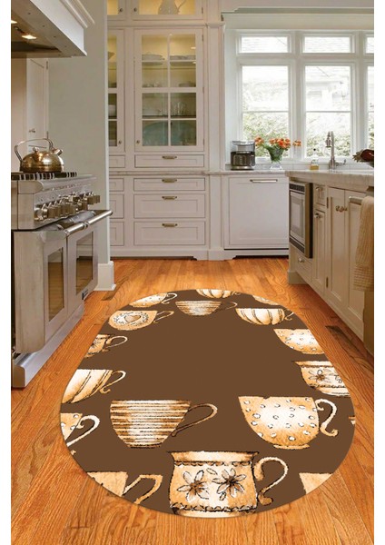 Dijital Baskılı Kaymaz Yıkanabilir Renkli Modern Oval Mutfak Halısı, N-O-Mutfak-26-Kahve,
